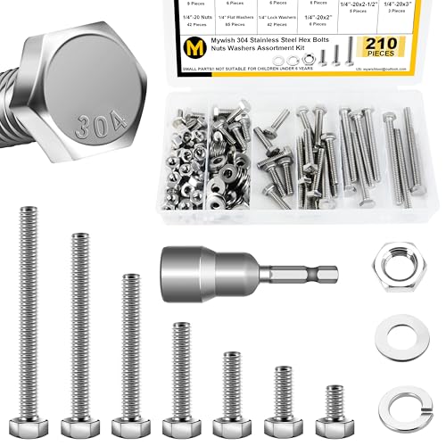 Mywish 210Pcs Hex Head Bolts and Nuts Assortment, 1/4 20 Bolt, Heavy Duty 304 Stainless Steel Bolts and Nuts Kit with Flat Spring Washers, Includes 7 Common Sizes, Fully Threaded - size: 210 Pcs 1/4 Kit - Silver