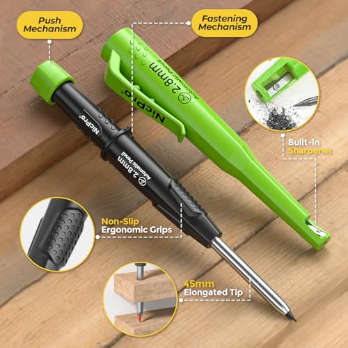 Nicpro Carpenter Pencil with Sharpener & Holster, Construction Pencil-Black - color: Black with Green