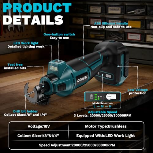 OCHESI Cordless Drywall Cut-Out Tool Compatible with Makita 18V Battery, 3 Speed Adjustable Brushless Rotary Saw with Up to 30000 RPM,Compact Spiral Saw Kit for Wood,Drywall,Tiles,plastic, (Tool Only)