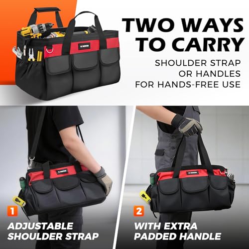 Kingfun 16 Inch Heavy Duty Wide Mouth Tool Bag with 14 Pockets - color: Red