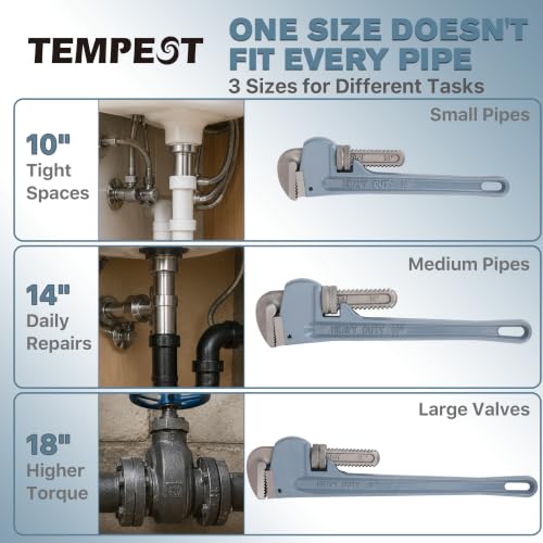 Tempest 3 Piece Pipe Wrench Set - 10", 14", 18" Professional Plumbing Tool Kit with Carbon Steel Jaw & Ductile Cast Iron Handle, Anti-Slip Teeth for Industrial, Automotive, and Home Repair