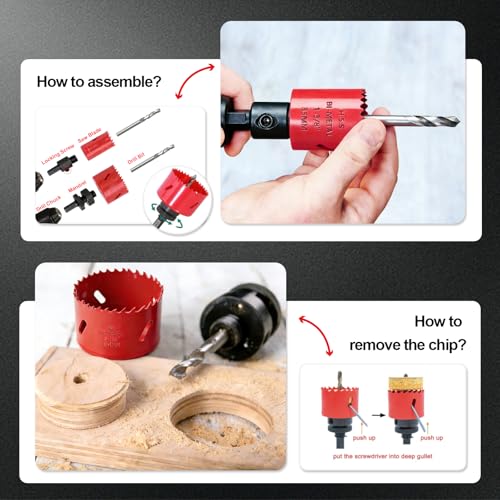 Greywolf 15 pcs Bi-Metal Hole Saw Set, M3 HSS Hole Saw Kit with 3/4"-2-1/2" (19-64mm) 9 pcs Hole Saw Blades, Boxed, with Arbor, Drill Bit, Hex Wrench, for Metal, Wood, Plastic - color: Red