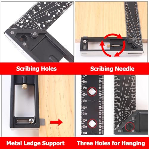 Woodworking Square Ruler, Precision 45/90 Degree Right Angle Ruler, Combination Square with Retractable Ledge and Scribe Mark Pin, Machinist Square Layout Tool for Framing, Marking, DIY