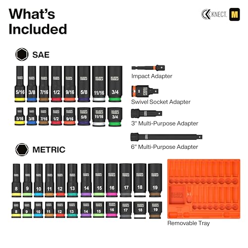 Klein Tools 65148HD KNECT Deep-Well and Shallow Impact Socket Set, 3/8-Inch Drive, SAE and Metric, 44-Piece Tool Set, Impact Driver, Swivel Adapter, Wrench Extensions, Removable Socket Organizer - style: 44-Piece Metric & SAE Set