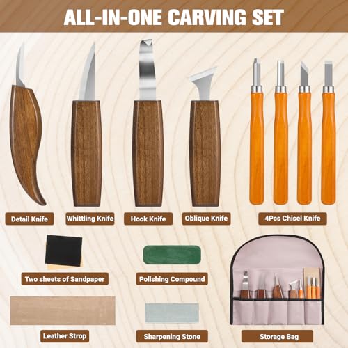 KINGBRO 20 PCS Wood Carving Kit for Beginners, Whittling Kit for Beginner and Kids, Wood Carving Tools with Safety Protection. 8 pcs Whittling Knife Wood Carving Set with 2 pcs Custom Sticker