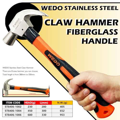 WEDO Claw Hammer with Fiberglass Handle,16oz Stainless Steel Framing Hammer,Length 300mm(12"),Shock Resistant,Corrosion Resistant,Rust Proof, Die-forged - size: 16oz