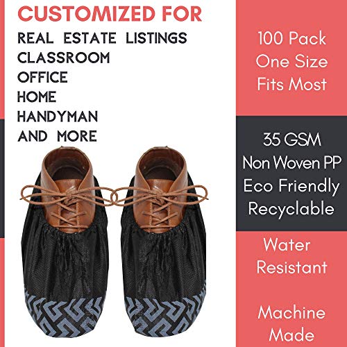 Shoe Covers - 100 Pack, X Large, Extra Thick With Non Skid Soles, Professional Sleek Black Disposable Boot and Shoe Booties, One Size Fits Most, Non Slip - Indoor/Outdoor