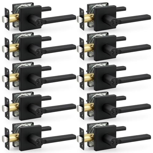 Probrico Interior Door Handles with Lock, Matte Black Privacy Levers for Bedroom Bathroom, Heavy Duty Square Reversible Lockset, 10 Pack - color: Matte Black