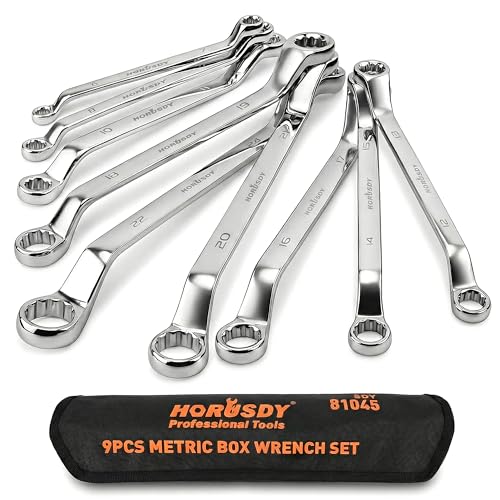 HORUSDY 9-Pieces Metric Offset Box Wrench Set with Rolling Pouch, 50-Degree, Metric 6-24mm, CR-V Steel - style: 9pcs Metric Offset Box Wrench Set