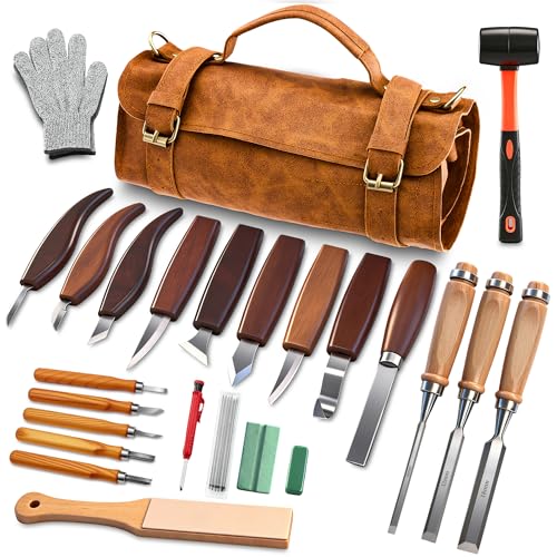 SakerNeo 25-Piece Wood Carving Kit Whittling Kit with Leather Storage Bag - color: Brown 25pcs