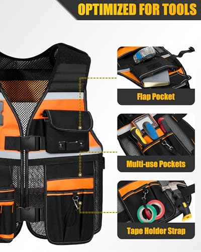 Electrician Tool Vest for Men, Carpenter Safety Work Vest - color: Orange