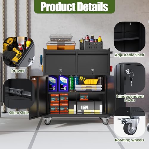 Aobabo Rolling Metal Garage Cabinet with 2 Drawers, Lock and Pegboard - color: Black, size: 18.11"D x 30.31"W x 35.43"H-2 Drawers