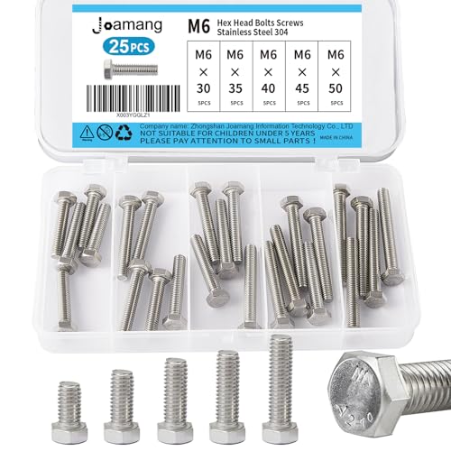 M6 x 30mm 35mm 40mm 45mm 50mm Hex Bolts, Hexagon Head Screws, 304 Stainless Steel(A2-70), Metric Fully Thread, Bright Finish, Assortment Kit 25PCS - size: M6 x 30-50mm (25PCS)