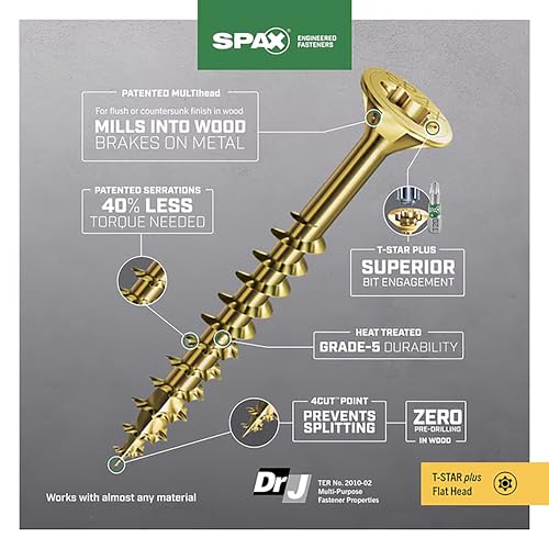 SPAX #10 x 1-1/2" Interior Flat Head Wood Screws Construction Framing Torx T-Star Plus (2500 EA) Bulk Pail Includes 4 Bits Countersunk Flush Finish - size: #10 x 1-1/2"