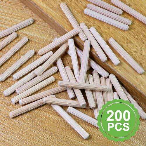 1/4" x 2" Wooden Dowel Pins, FoDau770 Fluted Wood Dowel Rods, Natural Beech Wood Dowel Pegs for Crafts, Woodworking, DIY Furniture - 200 Pieces - size: 1/4" x 2"
