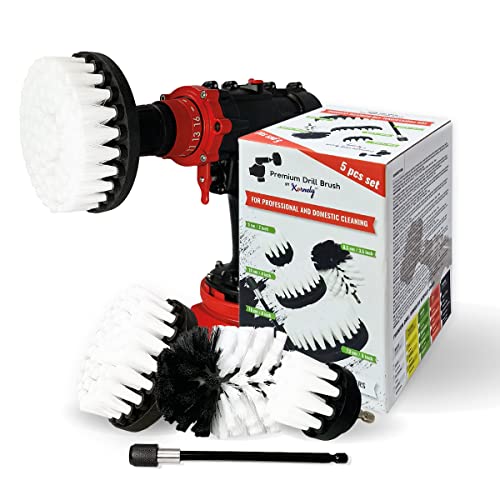 Premium Drill Brush Professional–Extra-Soft 5 pcs Set (5/4/3.5/2 in Brushes + 6 in Extension) | Scratch-Free Multi-Surface Cleaning for Carpet, Upholstery, Leather, Glass and Interior Detail - color: White