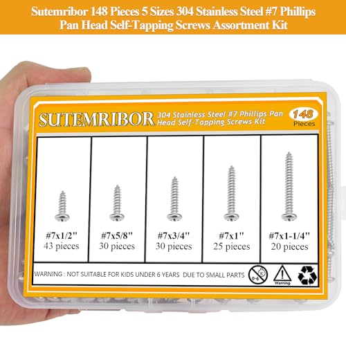 148 Pieces #7 x 1/2" 5/8" 3/4" 1" 1-1/4" Wood Screws Set, Phillips Pan Head #7 Self-Tapping Screws Assortment Kit, 304 Stainless Steel - size: #7, style: Phillips Pan Head