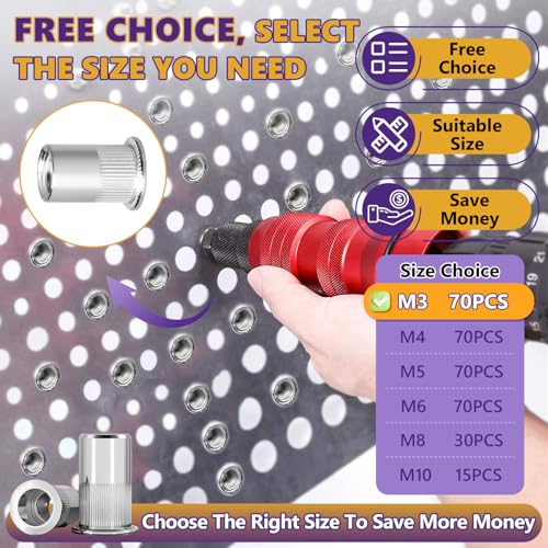 70Pcs M3-0.5mm Rivet Nut Set Flat Head 304 Stainless Steel | High Ductility, For Auto, Furniture & Industrial Use, Storage Case Included. - size: 70Pcs-M3