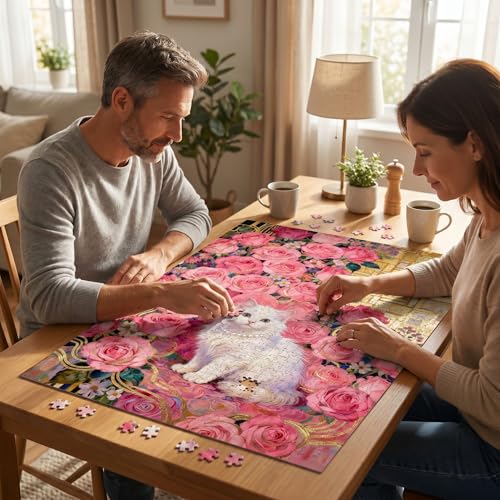 1000 Piece Puzzle for Adults, Elegant White Persian Cat with Pink Roses - color: Rose Gold Whiskers