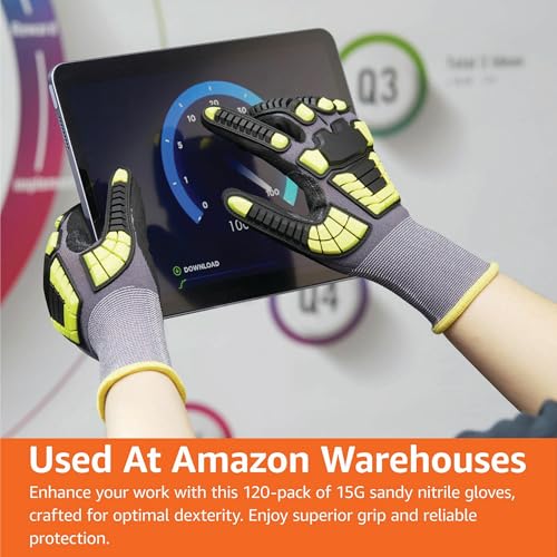 Amazon Basics Safety Work Gloves, Cut Level A1, Abrasion ANSI Level A4, Impact Resistant, Touch Screen Friendly, 15G Sandy Nitrile Palm, Yellow, Size X-Small, Pack of 120 Pairs - size: X-Small