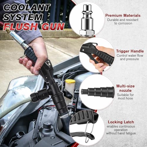 Coolant System Flush Gun, Lever Action Heater Core Flush Kit, Radiator/Cooling System Flusher, Air and Water Combo Flushing Set with Nozzles for 19-40 mm Hoses