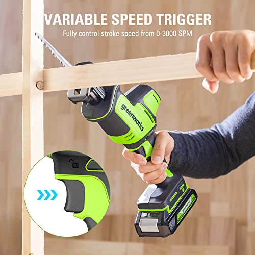 Greenworks 24V Brushless 1" Compact One-Handed Reciprocating Saw (3,000 SPM), Cordless Powered Variable Speed Recip Saw, 2.0Ah Battery and Compact Charger Included,‎ RSG404 - size: Brushless 1" One-Handed Recip Saw, style: 2.0Ah