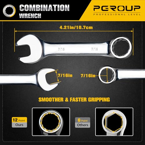 7/16" SAE Stubby Combination Wrench, CR-V Steel with Mirror Polish, 12-Point Design, 15-Degree Offset, Perfect for Pipeline Repair, Household, Car & Truck Emergency - size: 7/16"