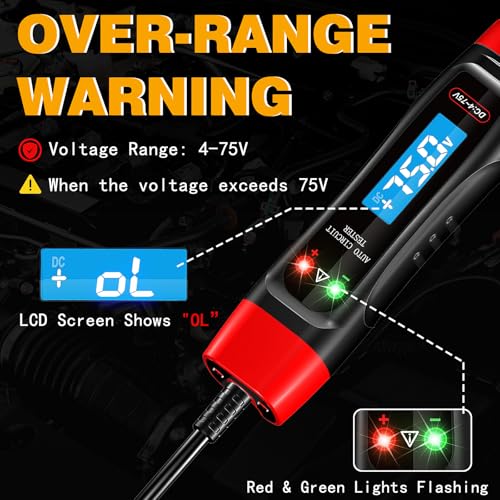 Automotive Test Light 4-75V DC LCD Digital Voltage Tester with Buzzer Sound, Auto Circuit Tester with Voltmeter, Electric Test Probe Pen for Car Battery Polarity Continuity Fuses