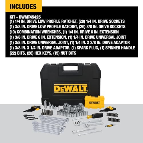 DEWALT 142 Piece Mechanics Tool Set, 1/4 Inch and 3/8 Inch Drive, SAE and Metric (DWMT45425)