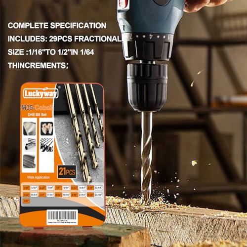Luckyway 1/16"-3/8" (21Pcs) M35 Cobalt Drill Bits, Jobber Length Twist Drill Bit Set for Hard Metal, Stainless Steel, Cast Iron, Wood and Plastic, with Storage Case - style: 21 PACK SET