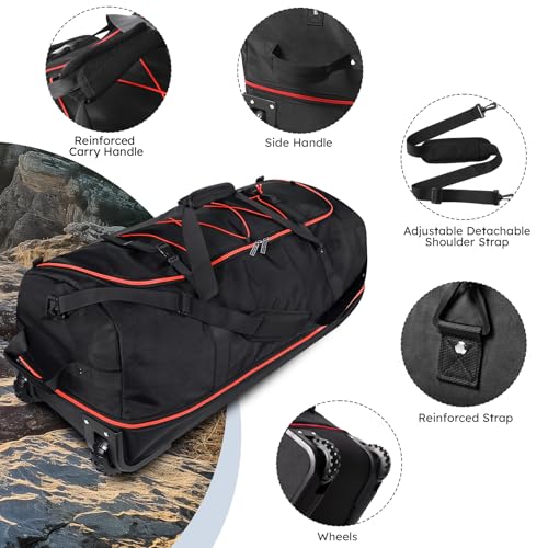 110L Expandable to 140L 32” Foldable Oxford Soft-Sided Rolling Duffle Bag with 2 Heavy-Duty Wheels,2 Large Compartments,Adjustable Shoulder Strap and Attached Organizer Pouch,Black Red - color: Black Red