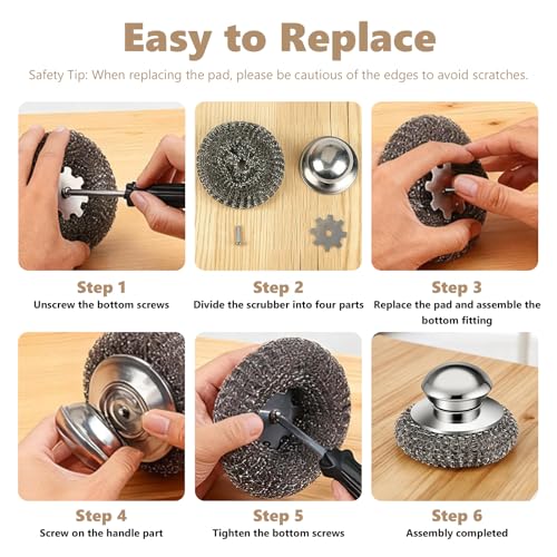 Steel Wool Scrubber, 4-Pack Stainless Steel Scrubber Pads with Handle - The Ultimate Scouring Solution for Rust, Stubborn Messes on Cookware, Grill, Oven & Kitchen Sinks - size: 1 Handle+3 Pads
