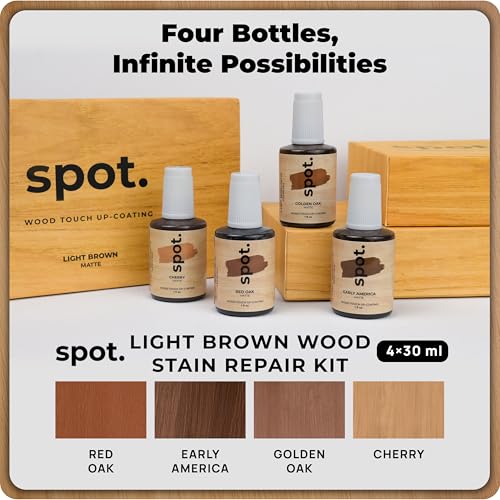 Light Brown Wood Stain Repair Kit, Brush-On Touch-Up Stain Bottles, Golden Oak, Early America, Cherry, Red Oak, Interior and Exterior Wood, 4 fl oz Total by spot. - color: Light Brown