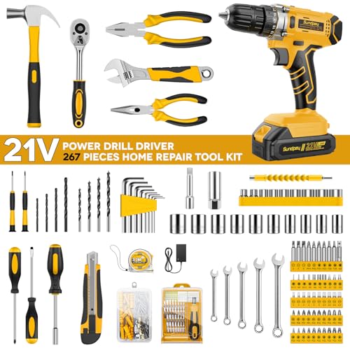 Sundpey 267 Pcs Tool Kit Set for Home with 21V Cordless Drill & Drawer Case
