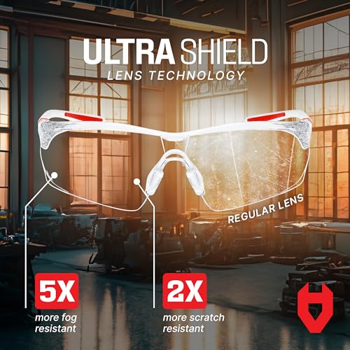 NoCry Clear Safety Glasses for Men and Women; Lightweight Work Glasses with Adjustable Frames and No-Slip Grips; Scratch Resistant Anti Fog Safety Glasses with Superior UV Protection, ANSI Z87.1 Rated - color: White & Red