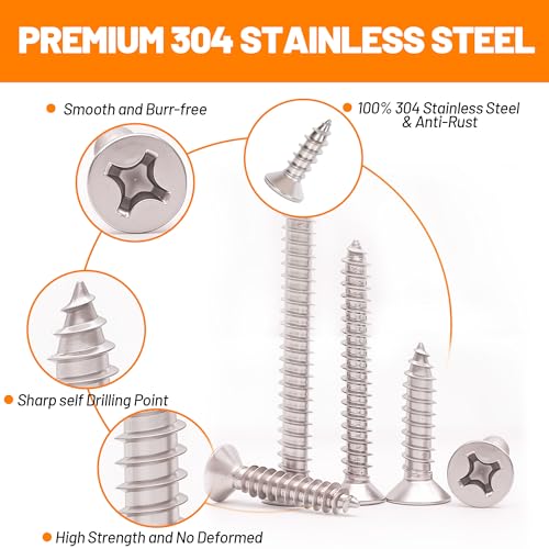 450-Piece Stainless Steel Wood & Sheet Metal Screw Assortment – #4 to #12 Phillips Flat Head Self-Tapping Screws (1/4" to 2") - size: 450PCS Silver