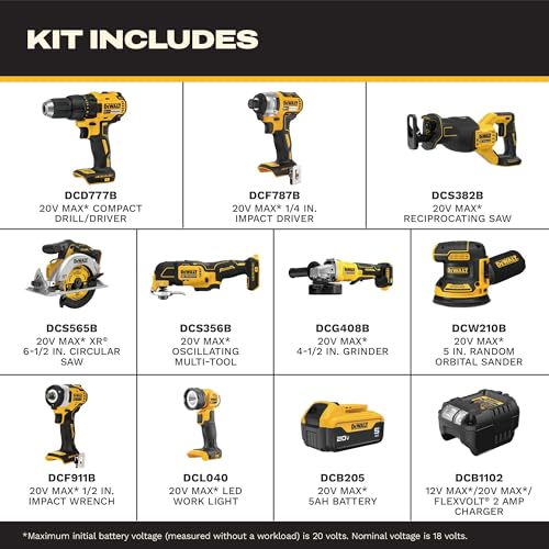 DEWALT 20V MAX 5Ah, Brushless 9 Power Tools with Battery, Charger, Drill, Impact Driver, Reciprocating Saw, Circular Saw, Oscillating Tool, Grinder, Orbit Sander, Impact Wrench, Flashlight (DCK921P1) - style: Brushless / 5Ah (1 batt)