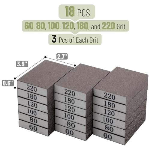 Bates- Sanding Sponge, 18 pcs, 60/80/100/120/180/220 Grit Assortment, Washable and Reusable Sanding Block for Wood, Metal, Drywall, Glazing, Sandpaper Blocks for Smooth Finishing - size: 18 Pack, 60/80/100/120/180/220 Grit