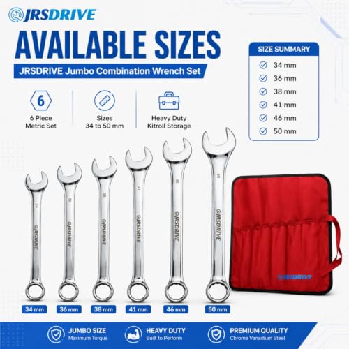 Jumbo Combination Wrench Set, 6 Piece Metric Chrome Finished Sizes 34 to 50 MM, Heavy Duty CR-V Steel Construction, Industrial Grade Spanner Kit for Automotive, Workshop & Mechanical Use