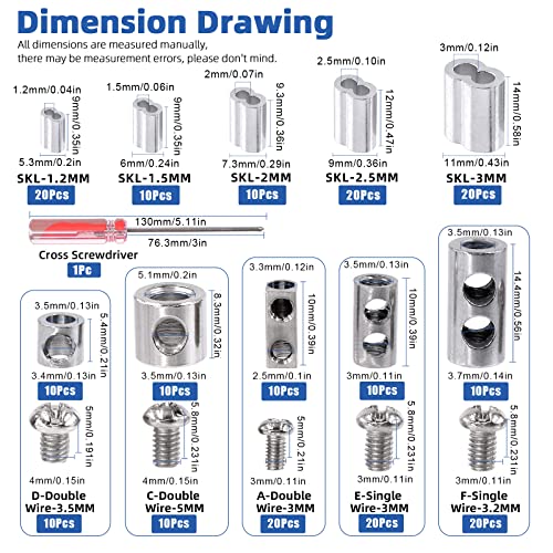 Glarks 121Pcs Stainless Steel Wire Rope Clip Clamp and Aluminum Crimping Loop Sleeve Assortment Kit, Single/Double Hole Wire Rope Lock Clip with End Screw Stopper, Cable Sleeve, Phillips Screwdriver