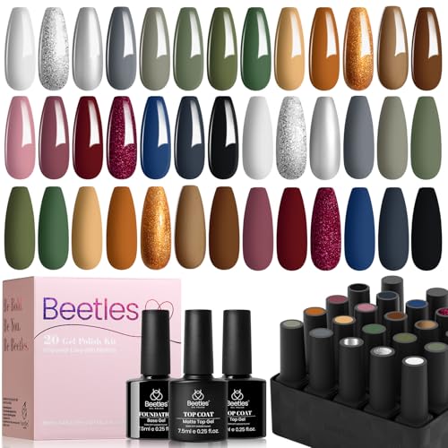 Beetles Fall Gel Nail Polish Set, 23 Pcs Gel Polish Kit with Base Top Coat | Burgundy Brown Gold Olive Green Nude Pink Black White Glitter Top Coat Soak off UV Gel Nail Polish for Women - color: 0-0 Morden City