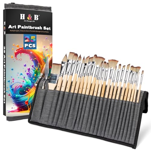 H & B 25PCS Paint Brush Set with Canvas Roll for Acrylic Oil Watercolor - color: Nature Wood
