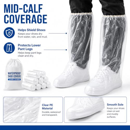 Waterproof Shoe Covers, 12 Pairs Clear PE Mid-Calf Boot Covers