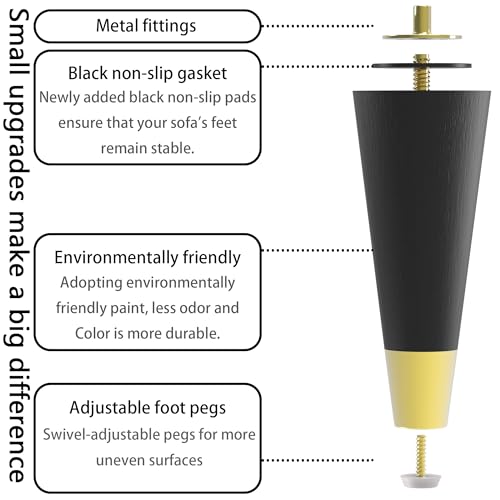 Round Solid Matte Black Rubberwood Replacement Couch Legs (6-Inch Set of 4) - color: Black, size: 6 Inches