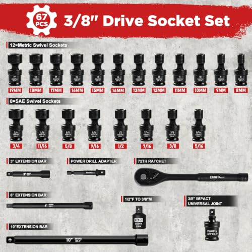 3/8" Impact Socket Set 67PCS, SAE & Metric Socket Set with Shallow & Deep Sockets, with Ratchet Wrench, Swivel Sockets, Extension Bars, Adapters, Impact Universal Joint, Spinner Handle - color: 3/8-67pcs