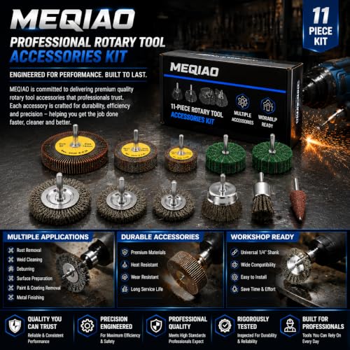 11-Pc Rotary Tool Kit, 1/4" Drill Brush Set for Rust Removal