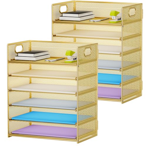 Marbrasse 2 Pack Desk Organizer with Handle, 6 Tier Paper Letter Tray, Mesh Desk File Organizer for Office, School and Home - Gold - color: Gold - 2p