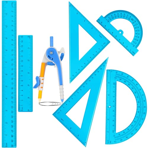 Zonon 7 Pcs Geometry Math Set with Compass Protractor Rulers, Blue - color: Blue
