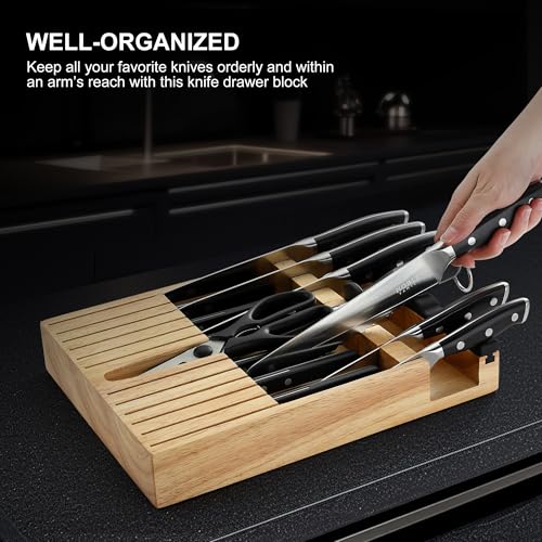 Knife Set with Block, N NOBLE FAMILY 16Pcs Kitchen Knives Drawer Organizer Set with Sharpener, Cutting Board, Anti-Slip Chef Knives Set with 6Pcs Steak Knives, Black - color: Black