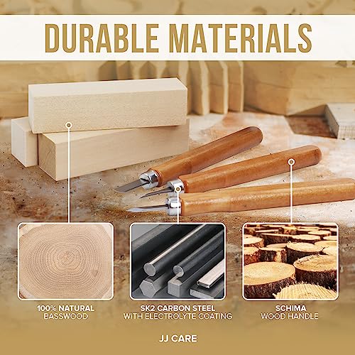 JJ CARE Wood Carving Kit, 24pcs Wood Whittling Kit with 12 SK2 Steel Carving Knives, 10 Basswood Blocks, 1 Grinding Stone & Storage Case, Gift Set for Beginners & Adults - size: Set A